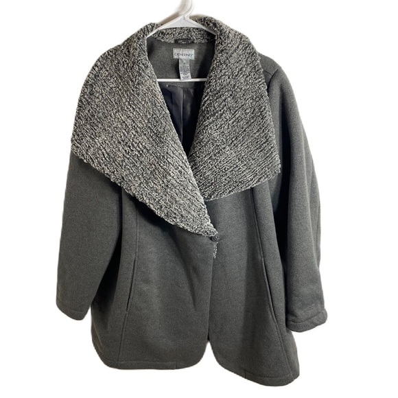 Catherine’s Gray Pea Coat 1X Faux Fur Collar Single Button Closure Jacket - Picture 1 of 7